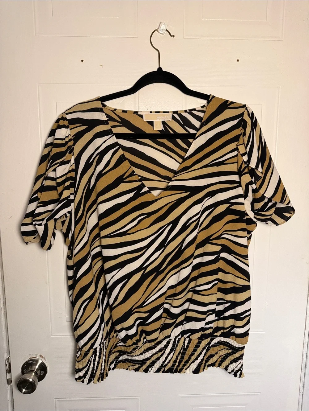 Michael Kors Zebra-Print V-Neck Blouse in Tan, Black & White